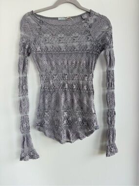 Kimchi Blue Sheer Lace Knit Long Sleeve Top in Light Lavender Gray